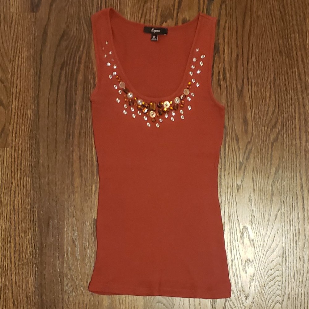 Express rust-color tank top with sequins and brown jewels. Size XS